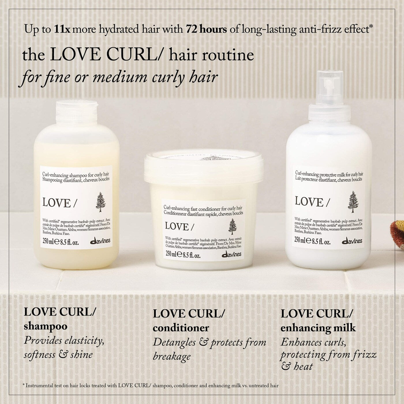 Davines LOVE CURL shampoo, conditioner and enhancing milk routine for curly and wavy hair definition and hydration