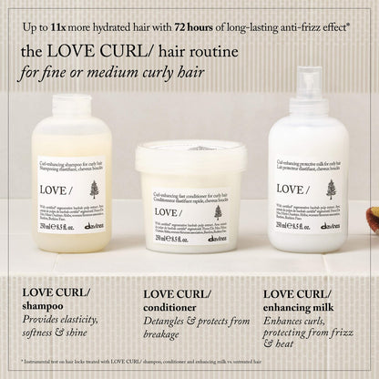 Davines LOVE CURL shampoo, conditioner and enhancing milk routine for curly and wavy hair definition and hydration