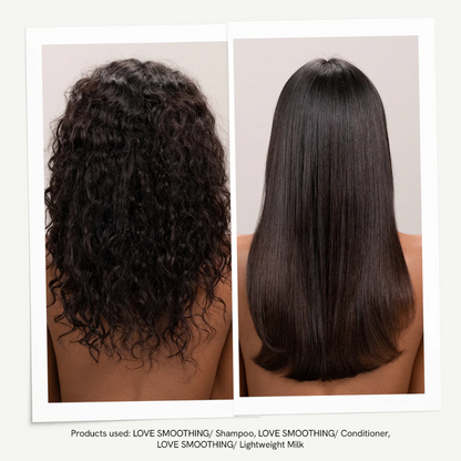 Before and after using Davines LOVE smoothing shampoo conditioner and lightweight milk showing smooth frizz free hair