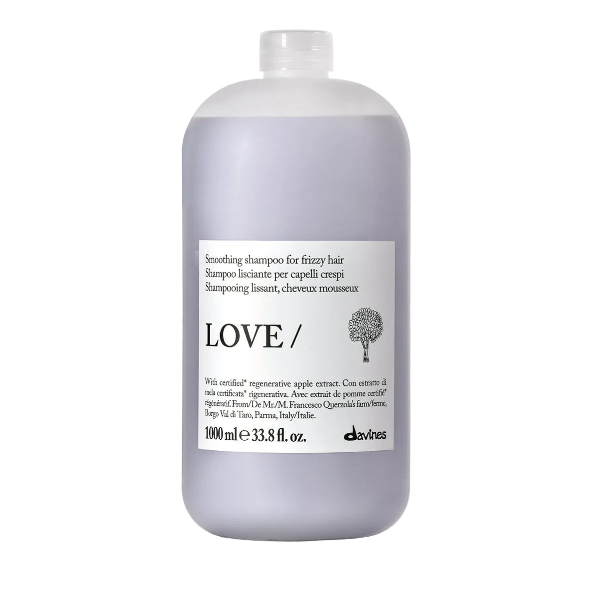 Bottle of Davines LOVE smoothing shampoo liter for frizzy hair 