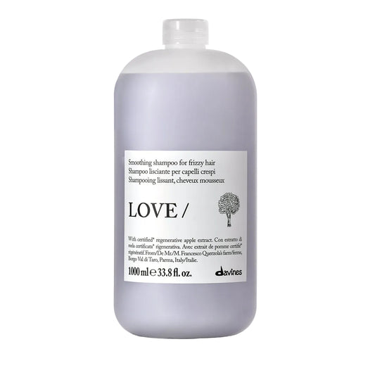 Bottle of Davines LOVE smoothing shampoo liter for frizzy hair 