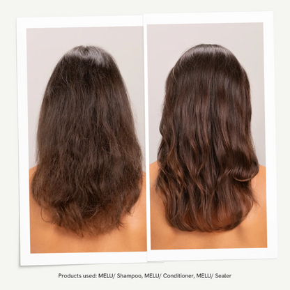 Before and after results using Davines MELU shampoo conditioner and serum showing smoother stronger hair and reduced split ends