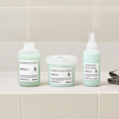 Davines MELU shampoo conditioner and serum complete anti breakage routine for damaged hair strengthening and split end repair