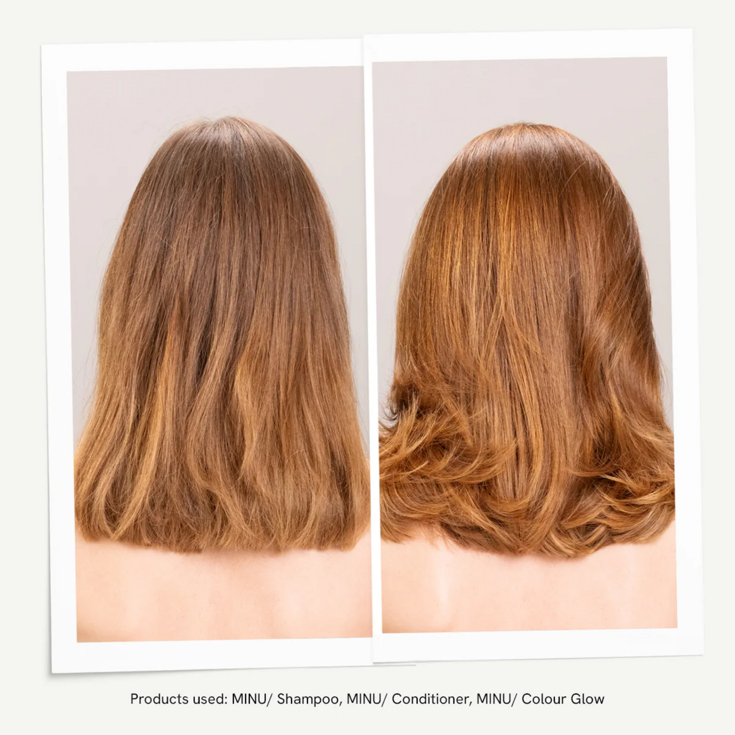 Before and after using Davines MINU shampoo conditioner and milk showing enhanced shine and color vibrancy