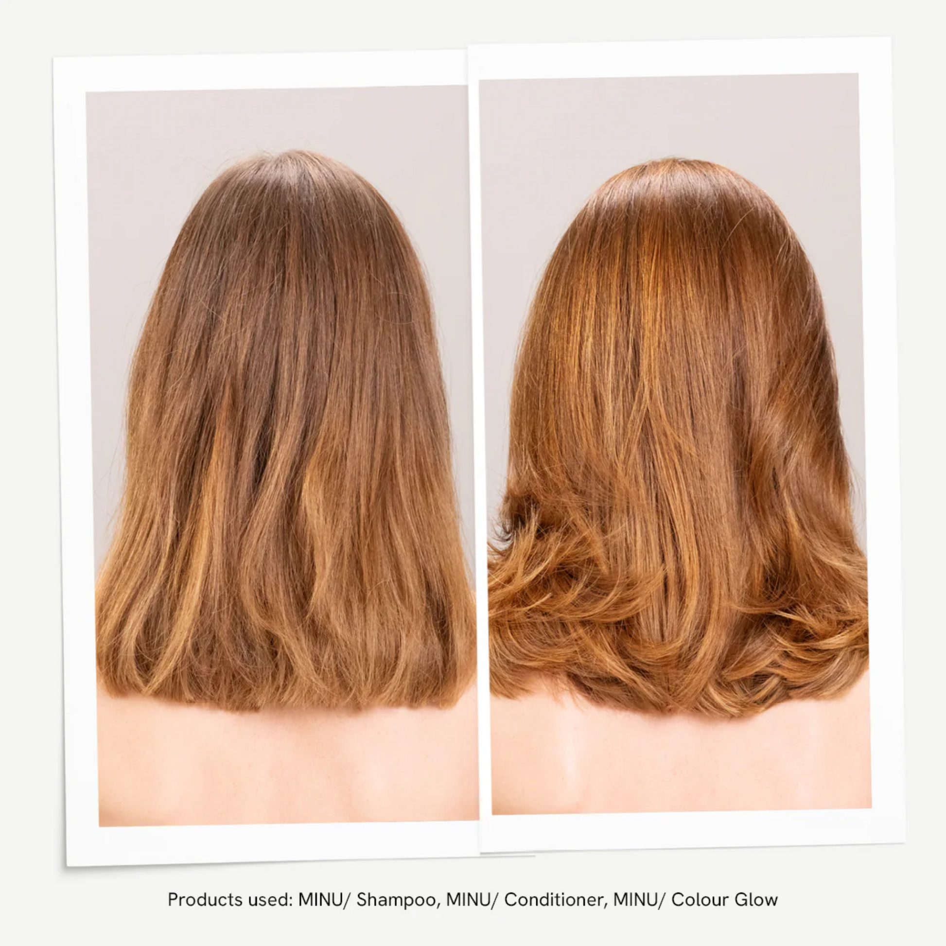 Before and after using Davines MINU shampoo conditioner and milk showing enhanced shine and color vibrancy