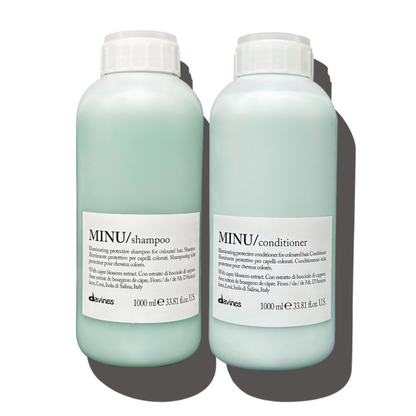 Davines MINU Shampoo and Conditioner liter duo for color treated hair, professional salon hair care