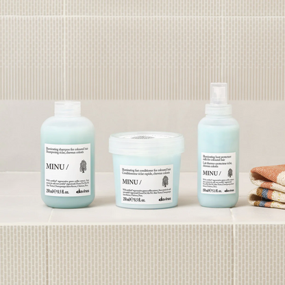 Davines MINU shampoo conditioner and heat protectant milk routine for color treated hair protection and shine