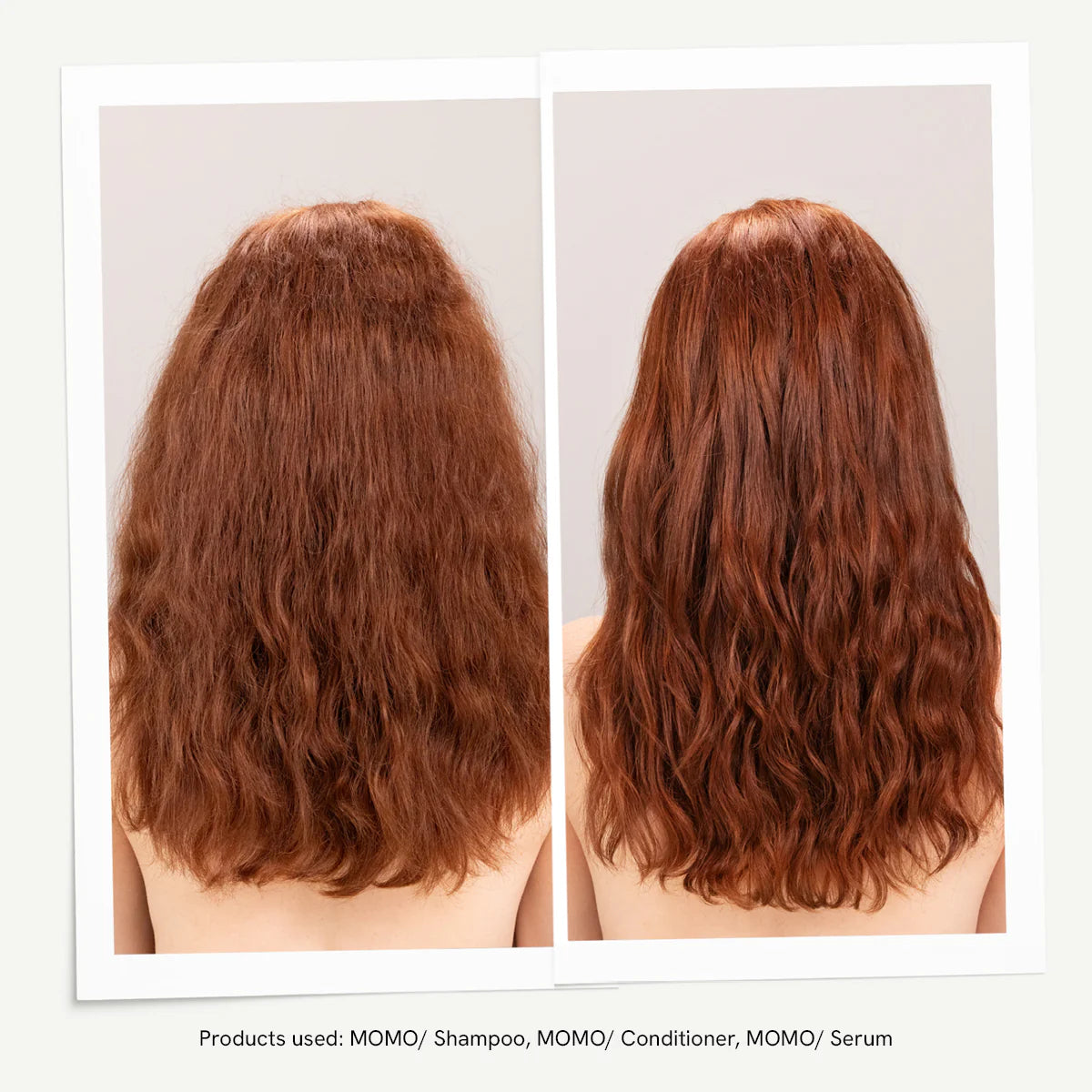 Before and after results using Davines MOMO shampoo conditioner and serum showing improved hydration softness and smoother dry hair