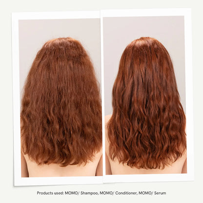 Before and after results using Davines MOMO shampoo conditioner and serum showing improved hydration softness and smoother dry hair
