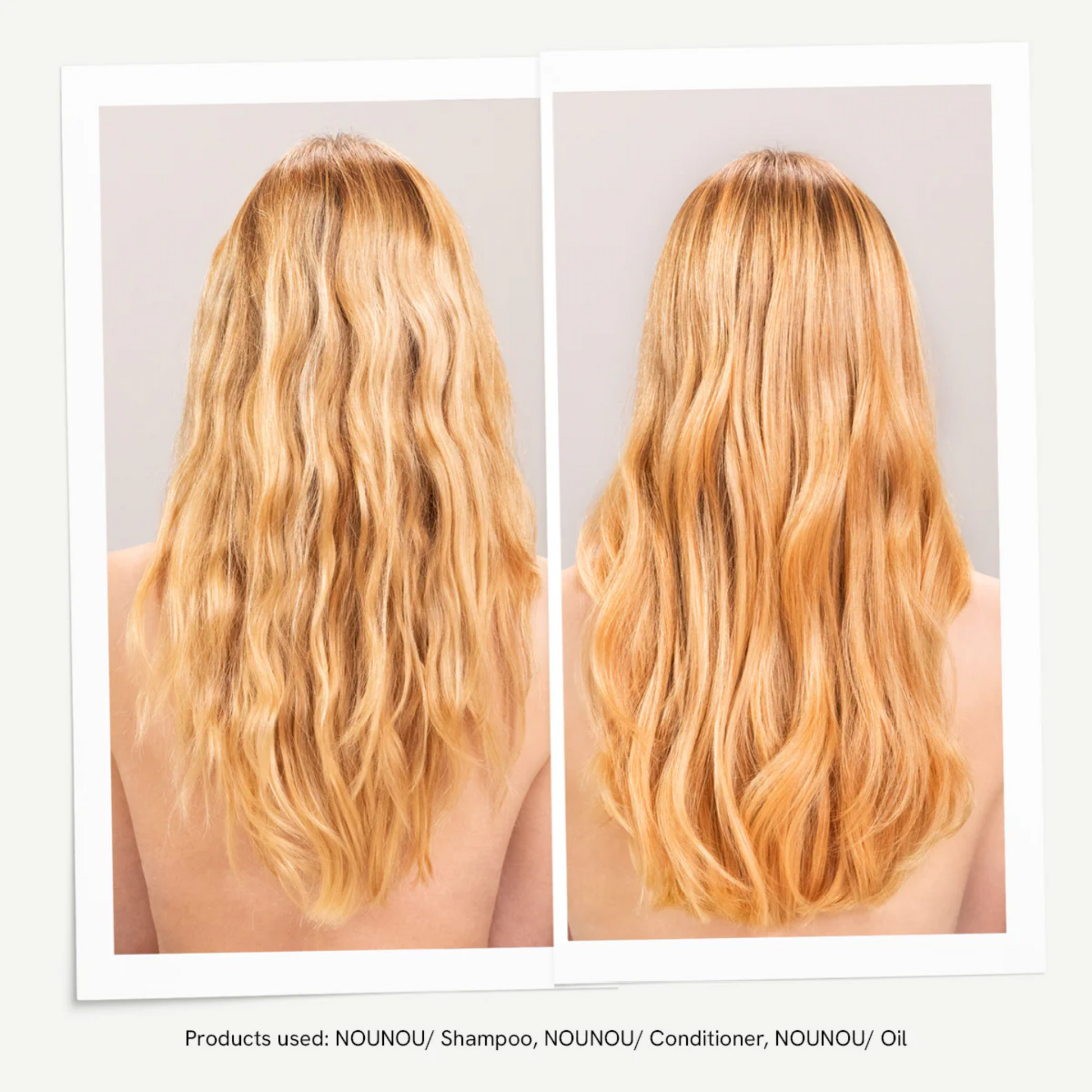 Before and after using Davines NOUNOU oil showing smoother shinier repaired dry damaged hair
