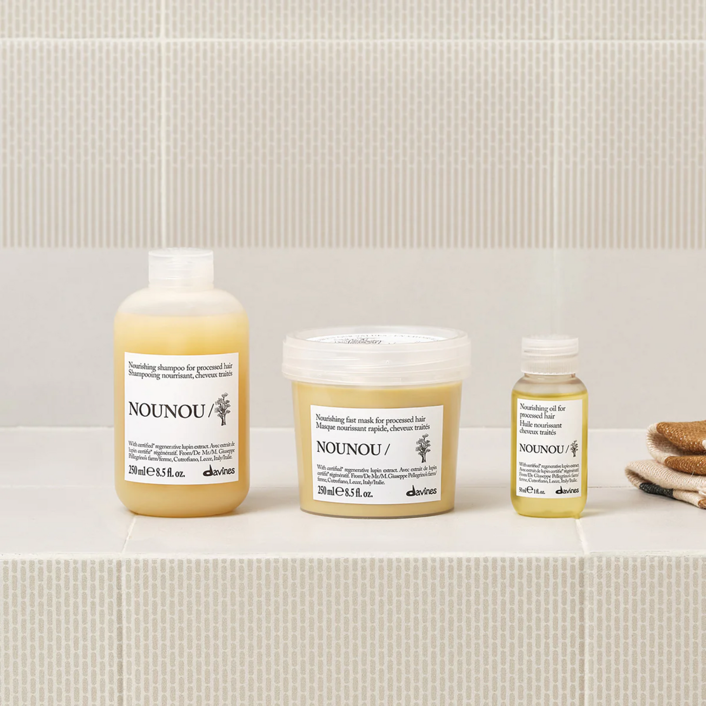 Davines NOUNOU shampoo conditioner and oil system for repairing dry damaged and processed hair