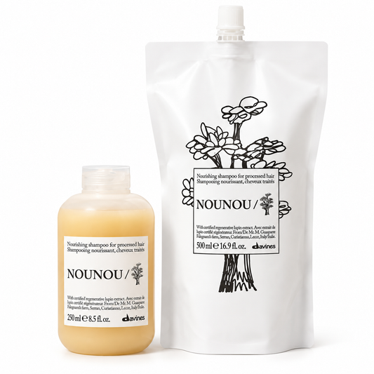 Davines NOUNOU Shampoo 250 mL bottle and 500 mL refill pouch duo for dry damaged and chemically treated hair