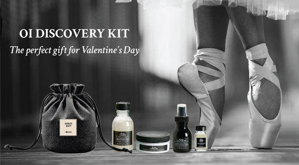Davines OI Discovery Kit Valentine’s Day gift set with OI Shampoo, Conditioner, All in One Milk, and OI Oil styled against an elegant ballet-inspired backdrop