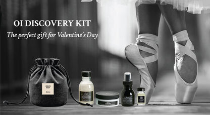 Davines OI Discovery Kit Valentine’s Day gift set with OI Shampoo, Conditioner, All in One Milk, and OI Oil styled against an elegant ballet-inspired backdrop