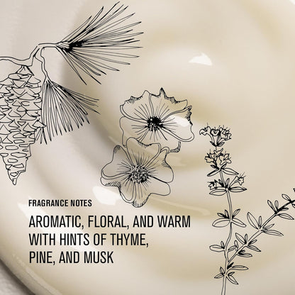 Davines OI fragrance notes aromatic floral scent with thyme pine and musk botanical illustration