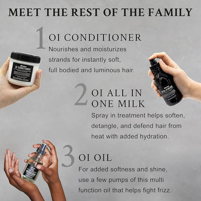 Davines OI haircare family including OI conditioner OI all in one milk and OI oil for shine hydration and frizz control