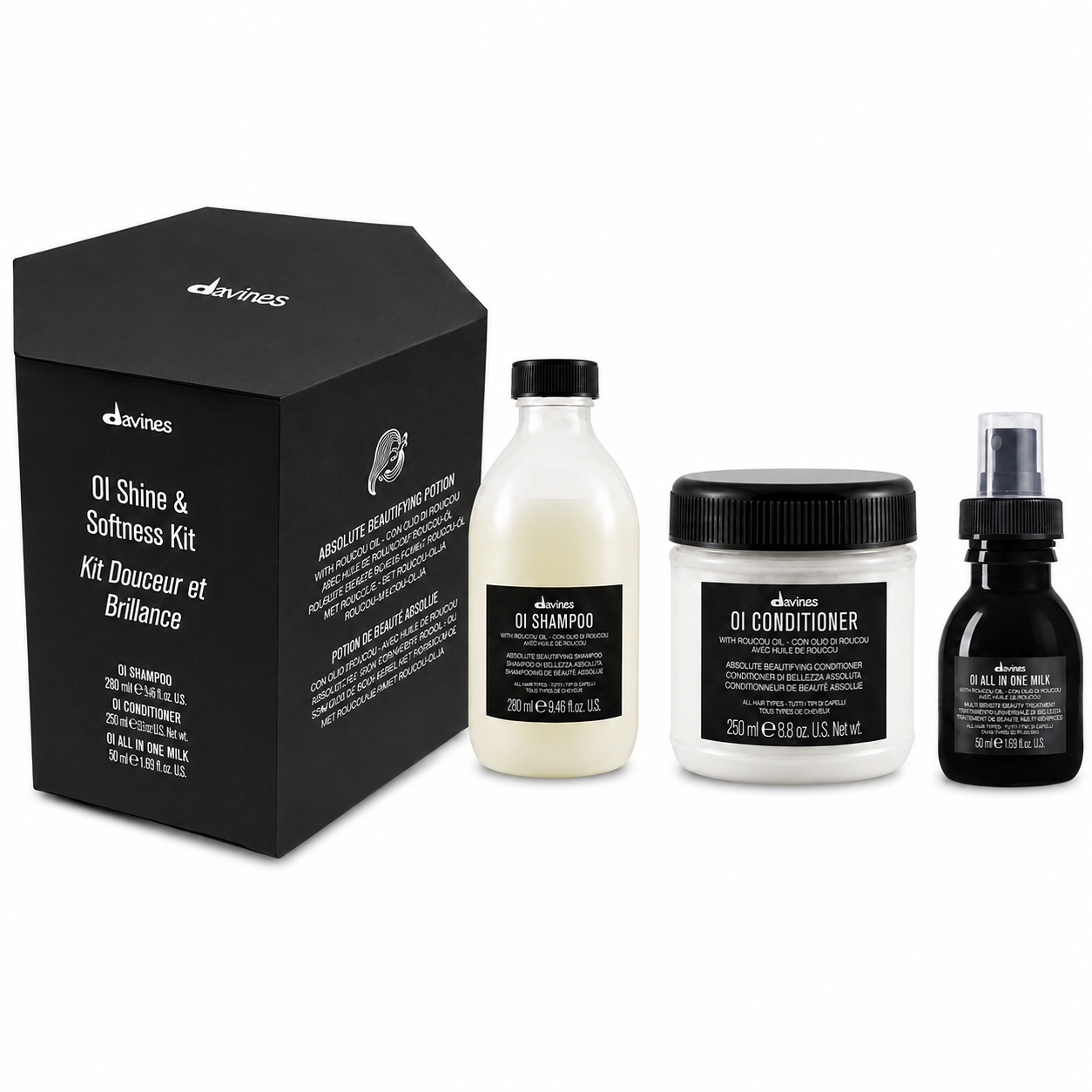 Davines OI Shine & Softness Kit featuring OI Shampoo, OI Conditioner, and OI All In One Milk gift set for shine, softness, and frizz control.