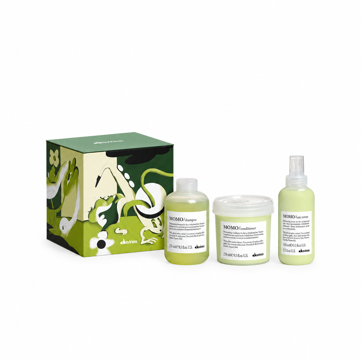 Davines Sax MOMO Holiday Set with moisturizing shampoo conditioner and deeply moisturizing serum