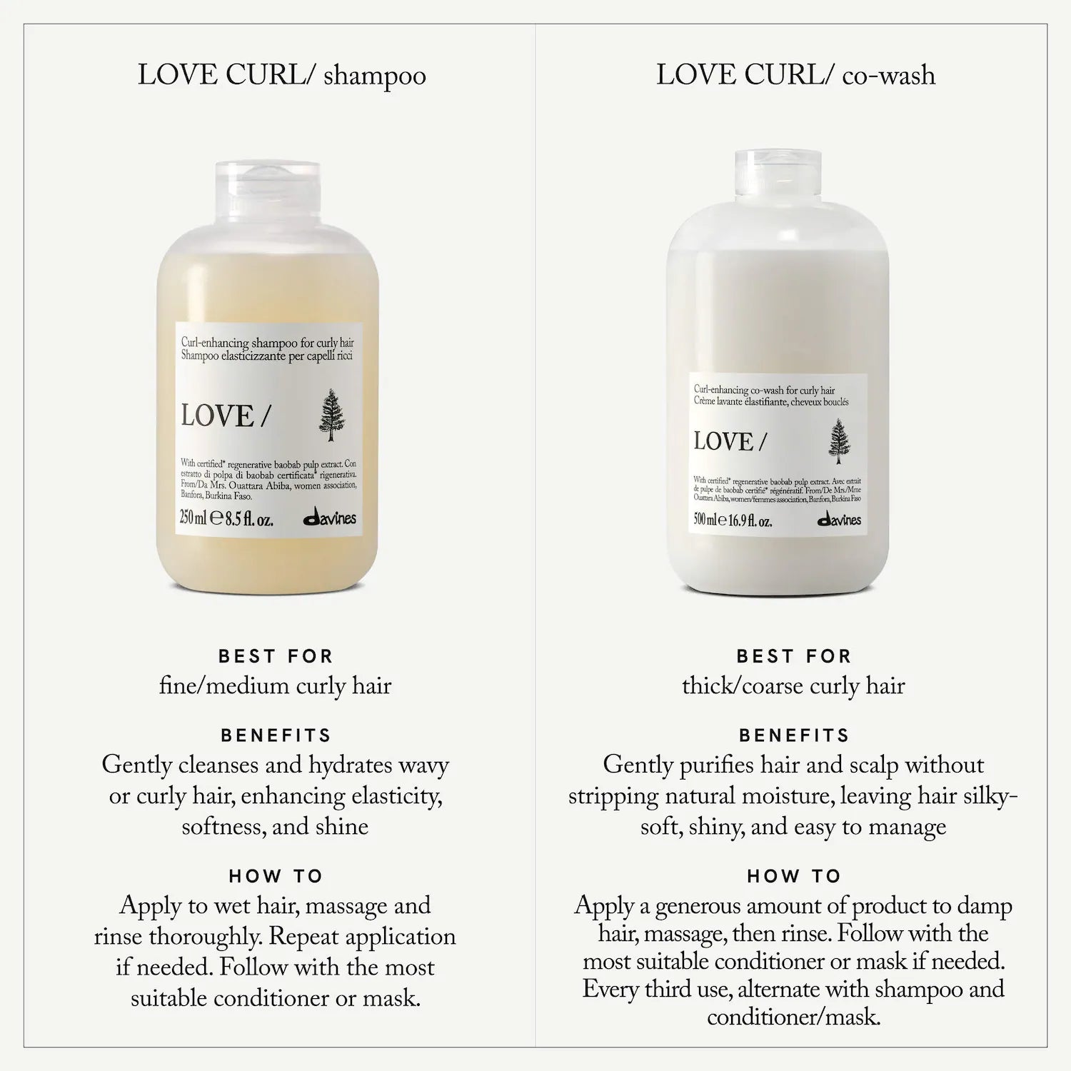Davines LOVE CURL shampoo and co-wash for curly and wavy hair definition and hydration
