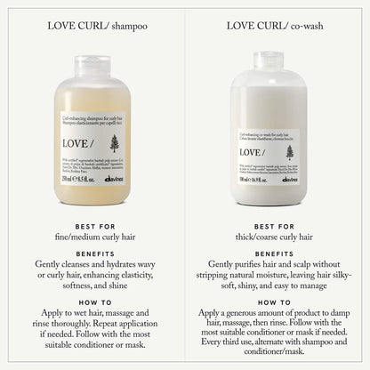 Davines LOVE CURL shampoo and co-wash for curly and wavy hair definition and hydration