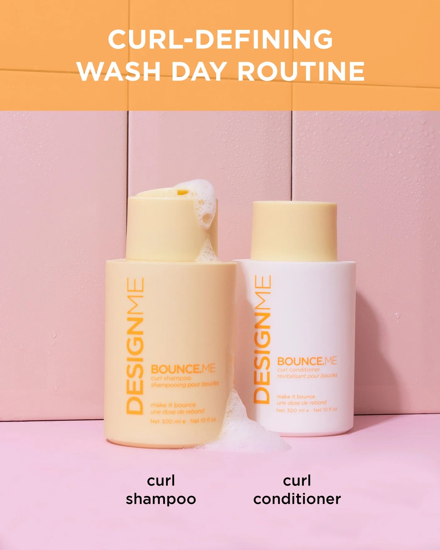 Two bottles of 'DesignMe' shampoo and conditioner on a pink background with text about a curl-defining wash day routine.