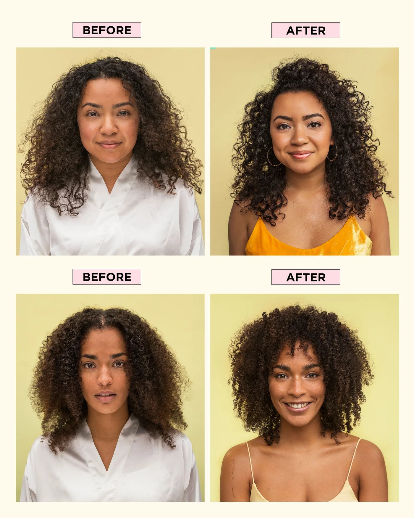 Before and after comparisons of a woman's hair transformation on a yellow background