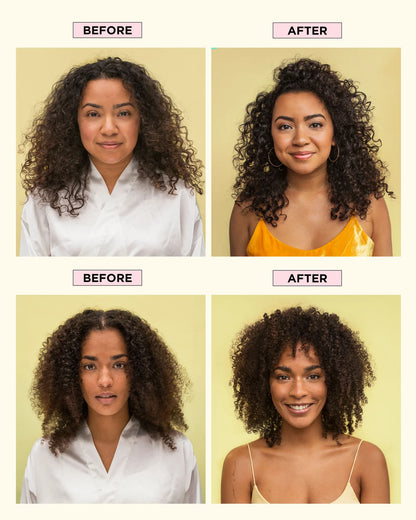 Before and after comparisons of a woman's hair transformation on a yellow background