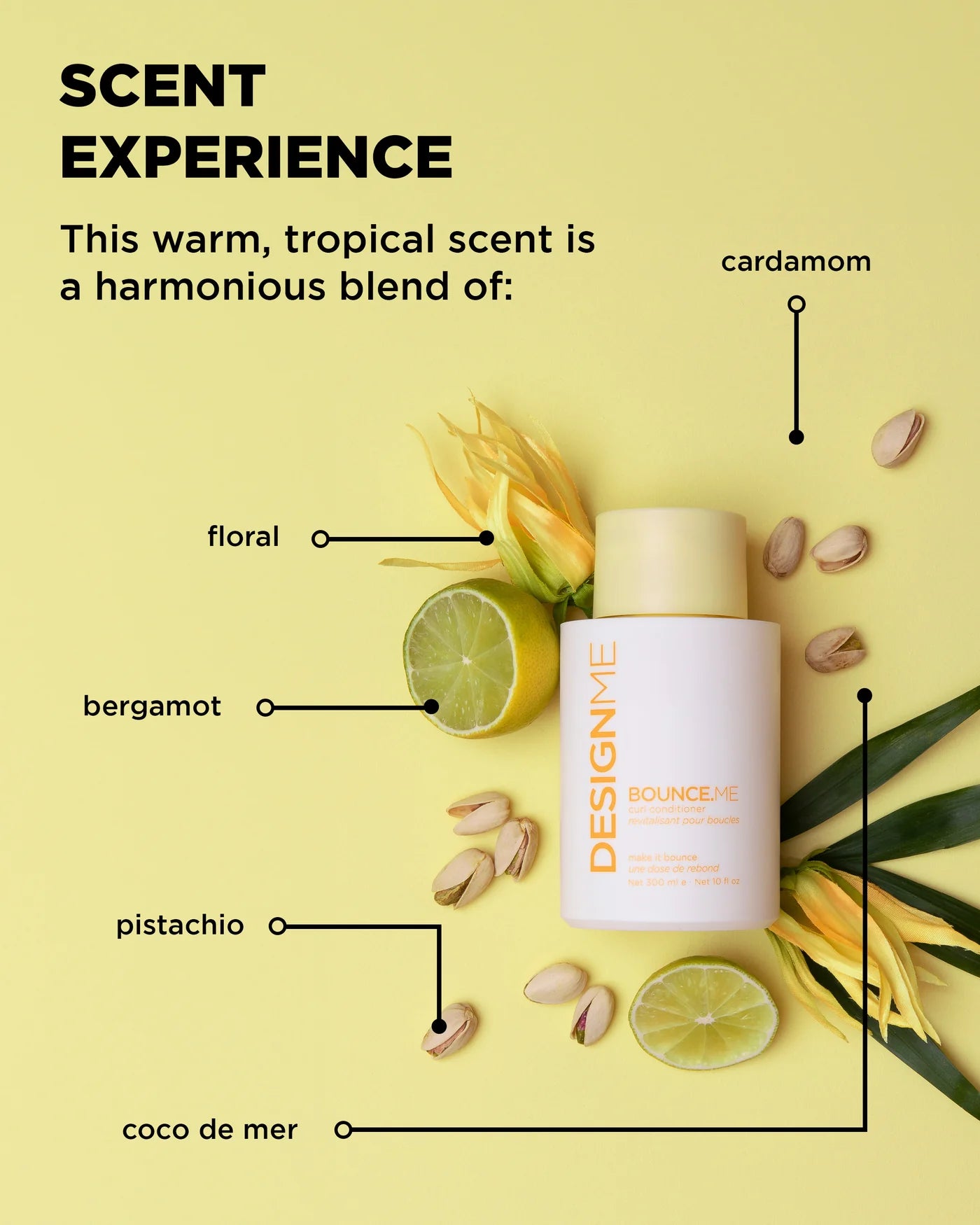 Product with labeled ingredients on a yellow background, featuring 'Scent Experience' text.