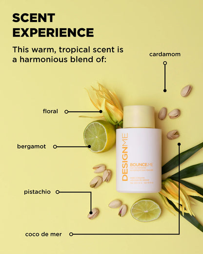 Product with labeled ingredients on a yellow background, featuring 'Scent Experience' text.