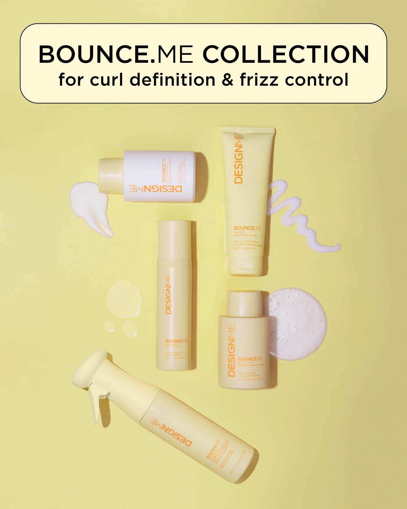 Bounce.Me hair care products for curl definition and frizz control on a yellow background