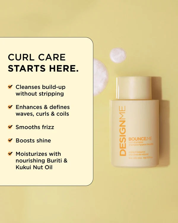 Design.Me hair care product with text on a yellow background