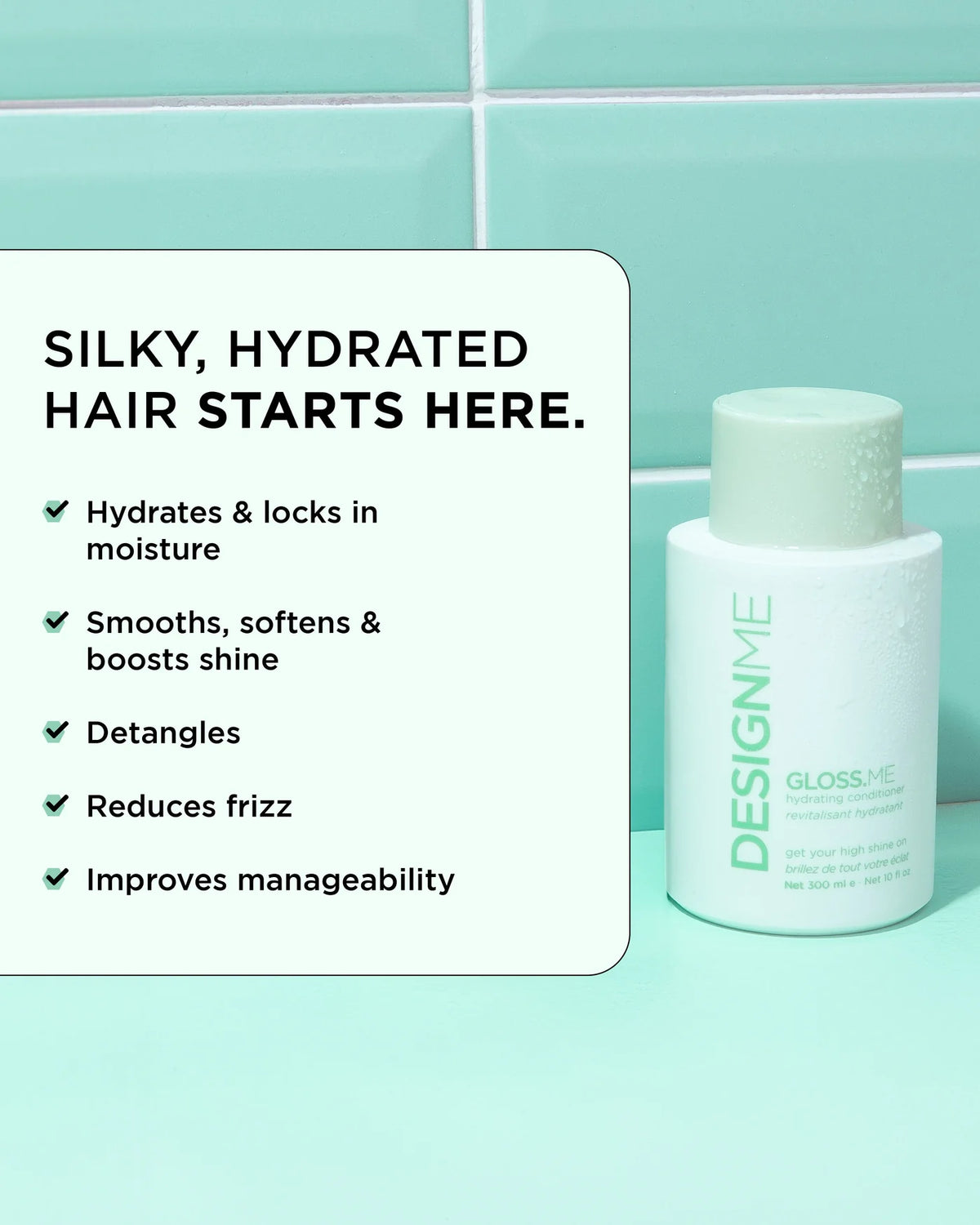 DesignMe Gloss Me hair conditioner bottle on a mint green tiled background next to a white text panel highlighting product benefits.