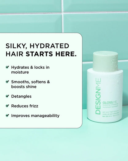 DesignMe Gloss Me hair conditioner bottle on a mint green tiled background next to a white text panel highlighting product benefits.