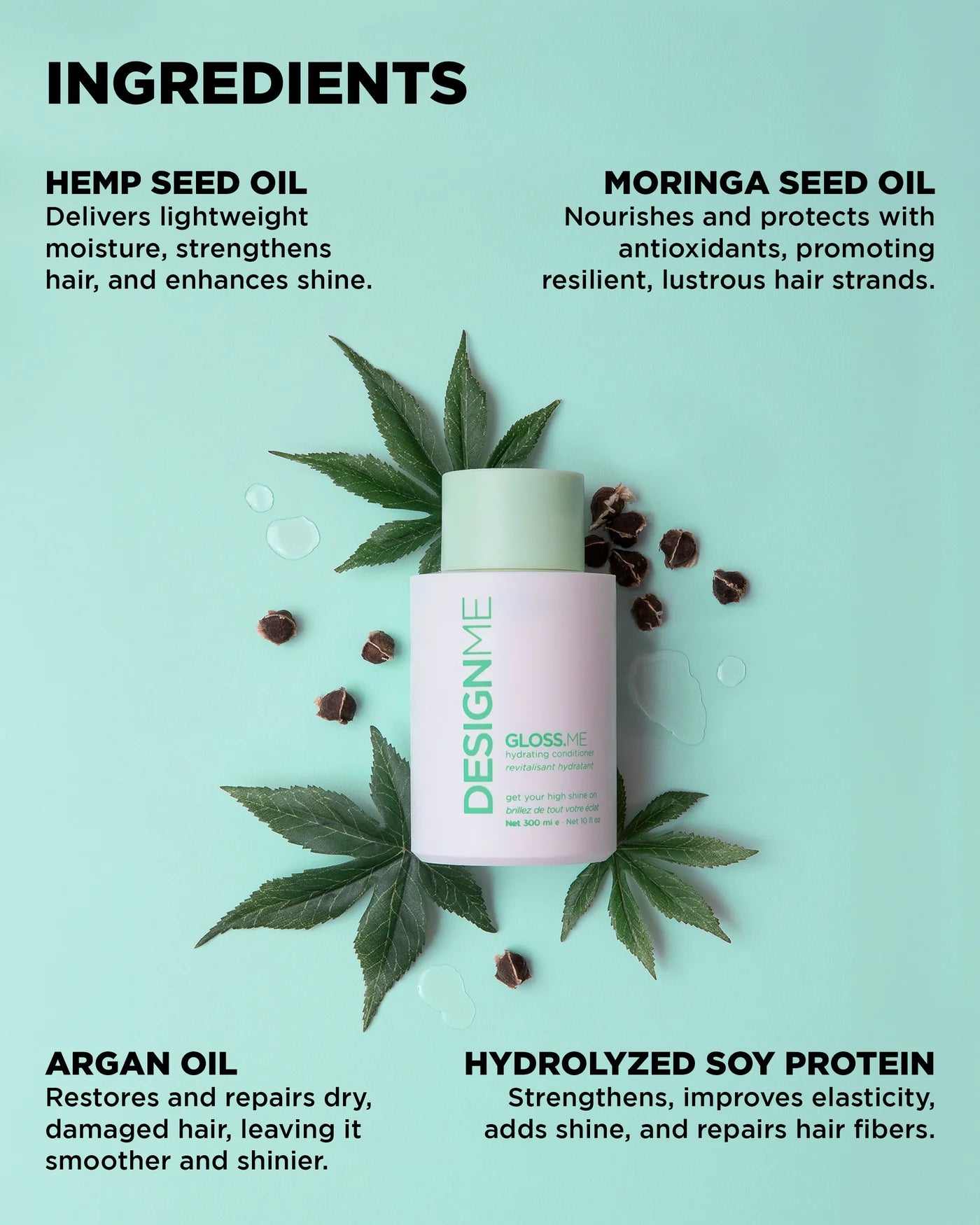 Hair care product with ingredients listed on a light blue background