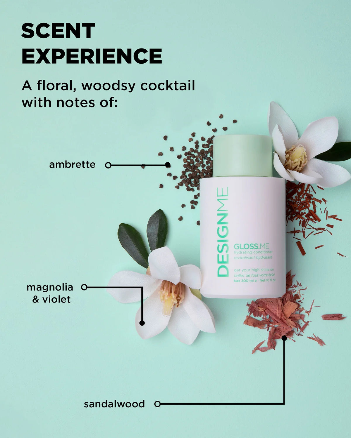 A bottle of DESIGNME Gloss Me hair conditioner is displayed on a mint green background with graphic callouts pointing to scent notes: ambrette, magnolia & violet, and sandalwood, alongside botanical illustrations.