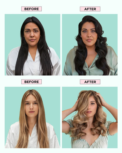 Before and after comparison of hair styling on a person with a light blue background