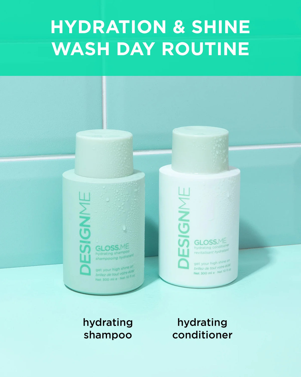 Two bottles of 'Design Me' hydrating shampoo and conditioner on a light blue background.