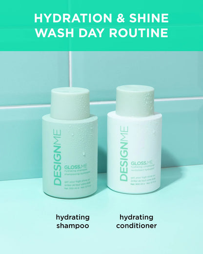 Two bottles of 'Design Me' hydrating shampoo and conditioner on a light blue background.