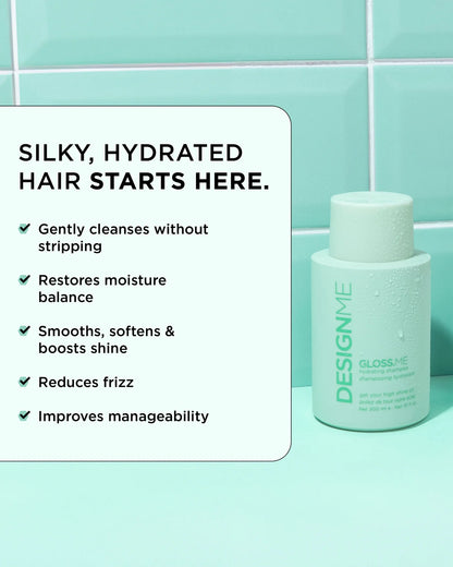 Bottle of Design.Me hair product with text highlighting its benefits on a tiled wall background.