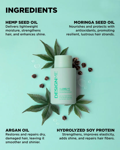Hair care product with ingredients listed on a light blue background