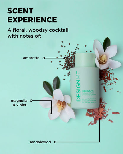 DesignMe Gloss Me product with floral elements and text on a light blue background