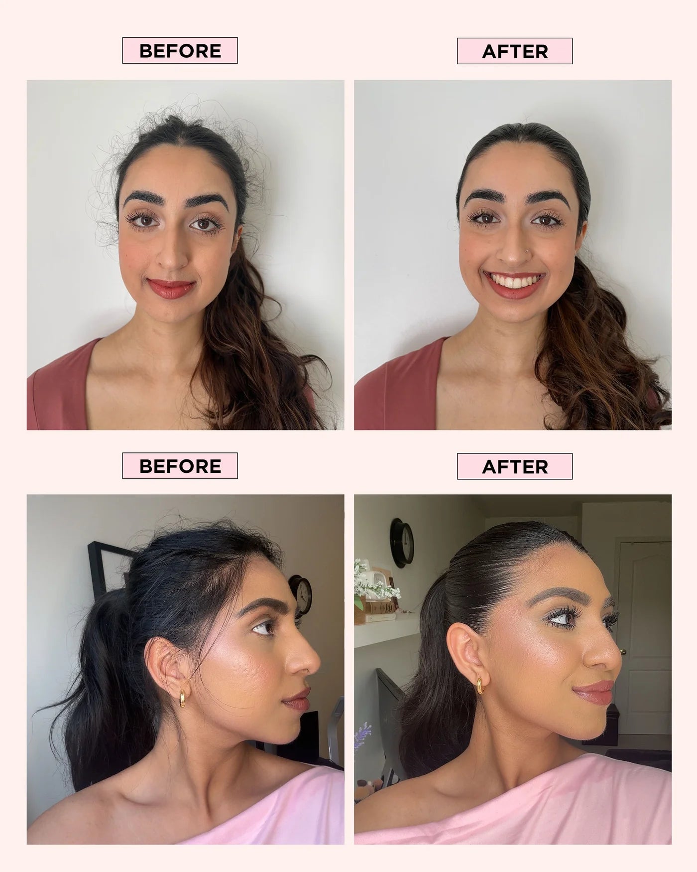 Before and after makeup comparison of a woman with side-by-side images showing her appearance with and without makeup.