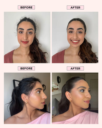 Before and after makeup comparison of a woman with side-by-side images showing her appearance with and without makeup.