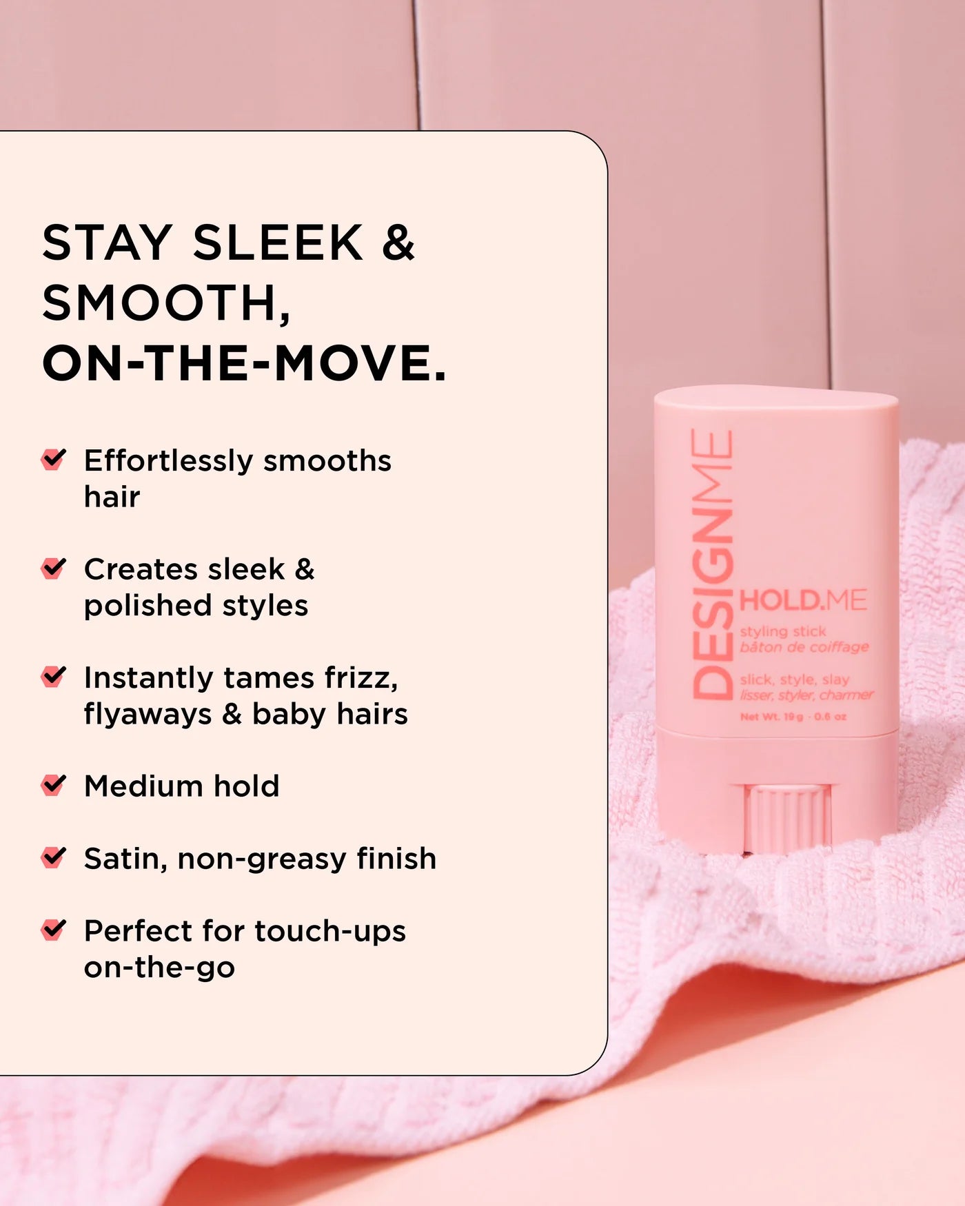 Pink hair product with text on a pink background