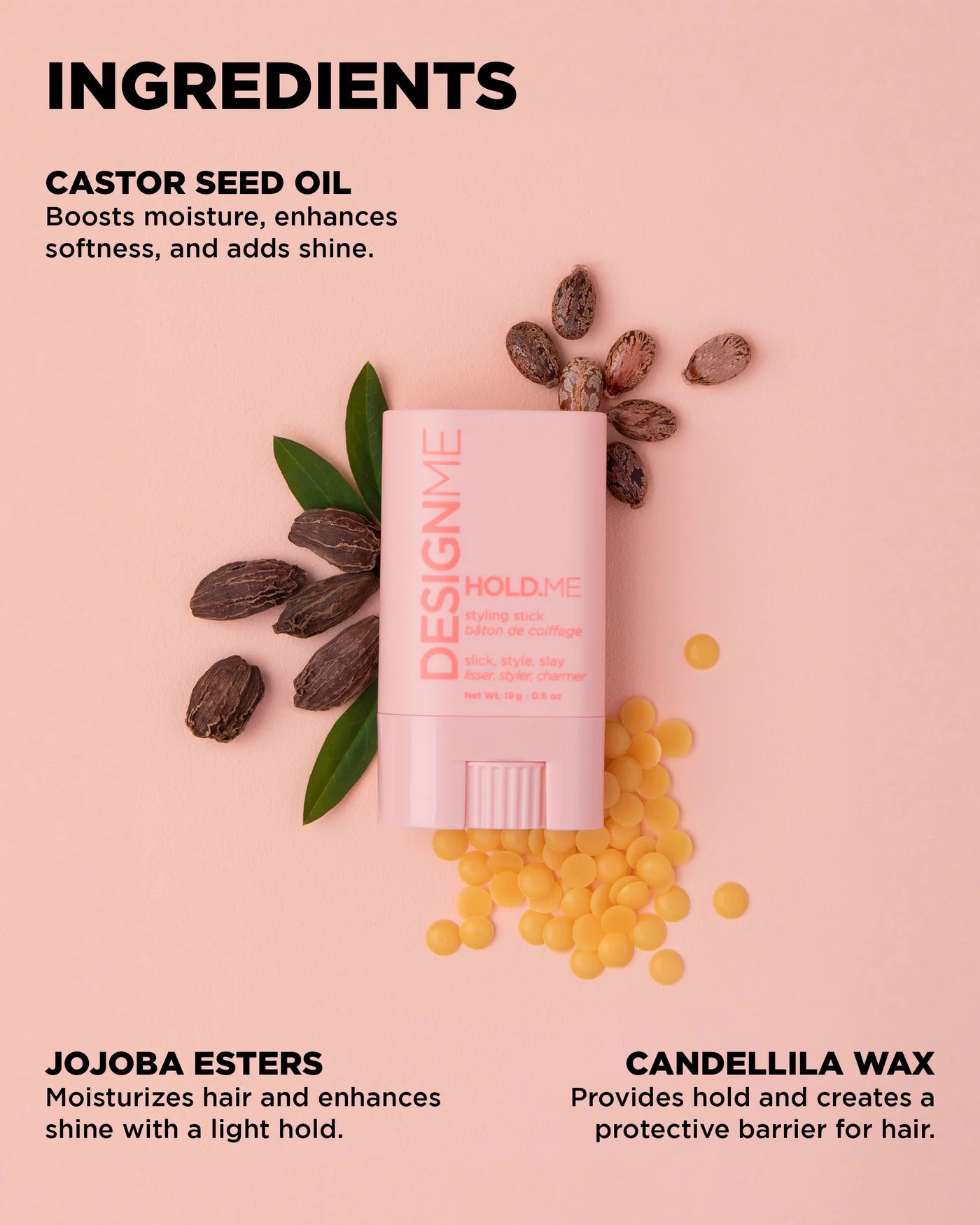 Product packaging with ingredients listed on a pink background