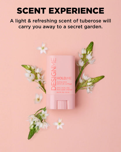 DESIGNE HOLD.ME styling stick with tuberose flowers on a pink background