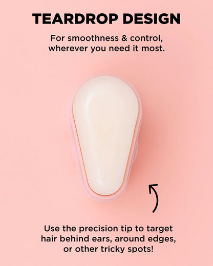Teardrop-shaped hair DESIGNME HOLD.ME styling stick on a pink background with text about its design and use.