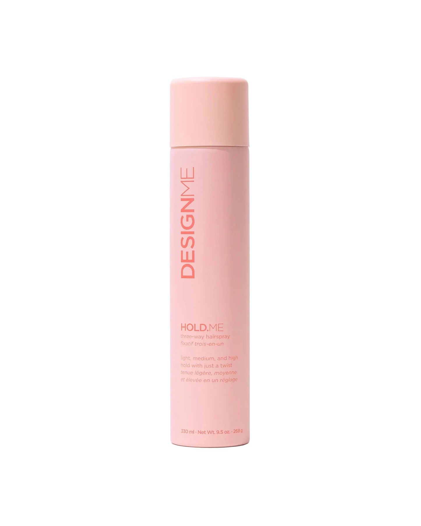 Customize your style with DESIGNME HOLD.ME Three-Way Hairspray. Adjustable light, medium, or high hold delivers humidity resistance, heat protection, and a flake-free finish.