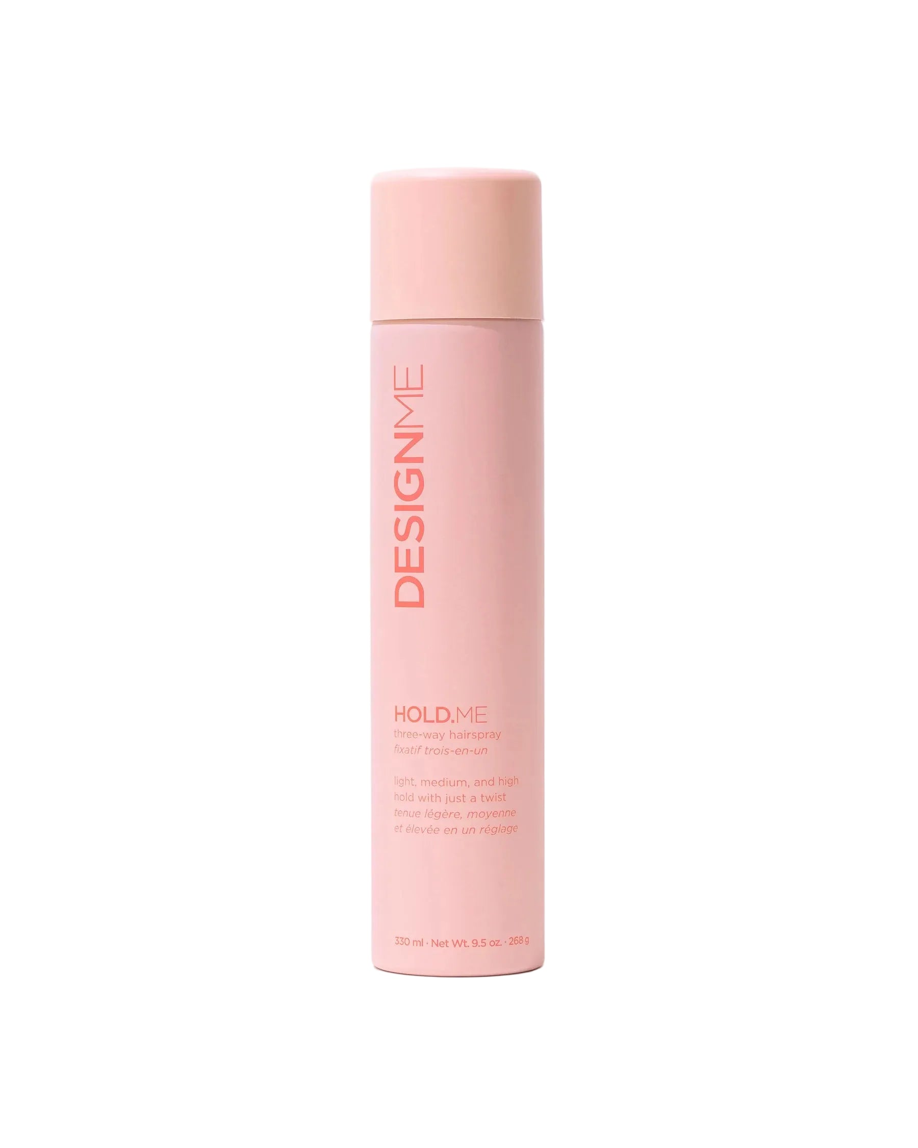 Customize your style with DESIGNME HOLD.ME Three-Way Hairspray. Adjustable light, medium, or high hold delivers humidity resistance, heat protection, and a flake-free finish.