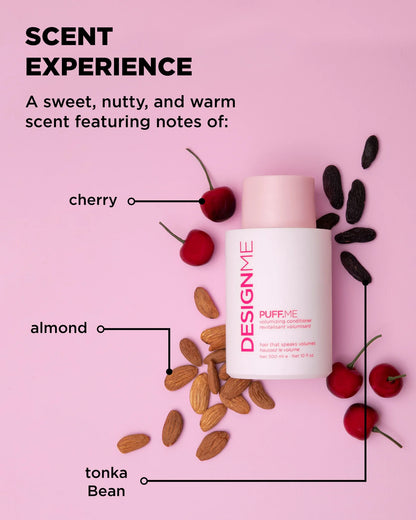 Product with cherry, almond, and tonka bean elements on a pink background